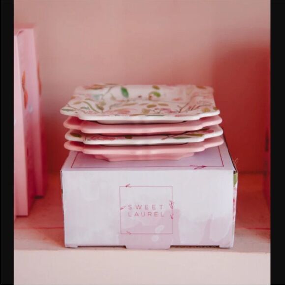 Sweet Laurel Stoneware Dessert Appetizer Plates Set Floral & Light Pink - Picture 2 of 8